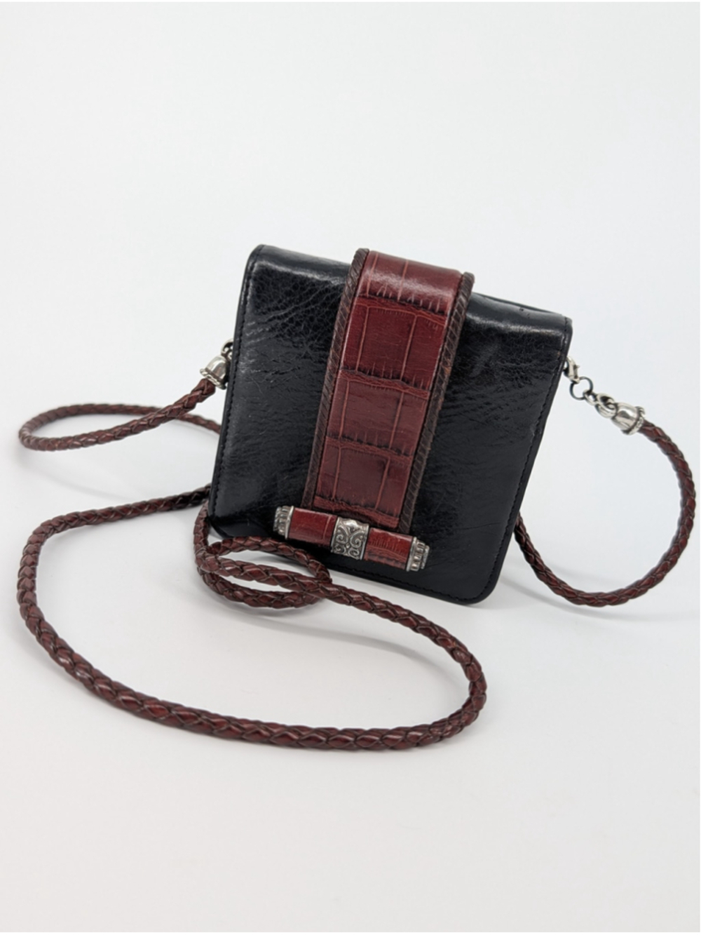 Vintage Brighton Mini Leather Crossbody Wallet Organizer Mirror Croc 26" Drop